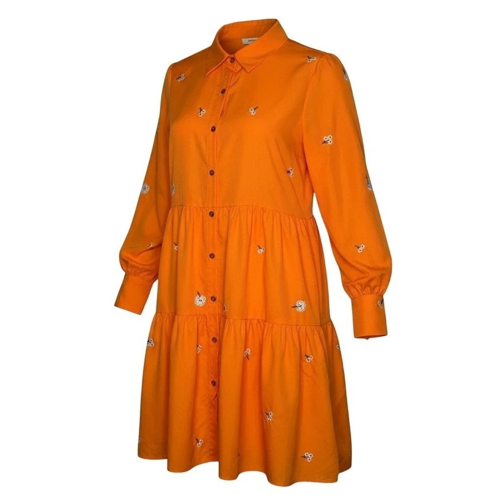 Floral Embroidered Tiered Babydoll Mini Dress Womens Small Orange Boho Whimsical